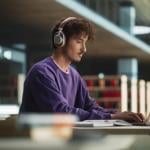 Person wearing purple sweatshirt and phones working on laptop in library. 
