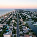 Aerial View looking south of the Sandbridge area of Virginia Beach at Sunset.
