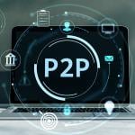 A laptop displaying the word 'P2P', illustrated with technology graphics.