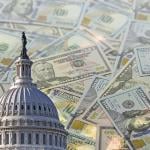 A collage of the United States Capitol dome with a background of US dollar banknotes.