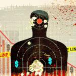 A custom illustration of a shooting target dummy with 'do not cross' police line, crime scene graphics.