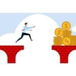 A custom vector illustration of a person jumping over the other side of a bridge with money.