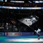 Tusky, the mascot for Utah Mammoth, waves a flag at center ice after the game against the San Jose Sharks at Delta Center in Salt Lake City on Friday, Oct. 17, 2025.