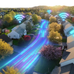 Glowing wifi symbols and speed line graphics illustrated over modern American homes.