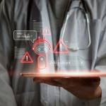 A doctor holding a tablet with AI chatbot and warning graphics illustrated.