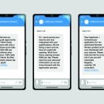 Three examples of scam job offer text messages from an unknown contact.