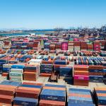 Stacked shipping containers in a port in Los Angeles, California.