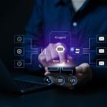 Person using a laptop and smartphone illustrated with AI agentic software graphics.