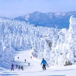 Skiers race down a snow slope in Yamagata, Japan.