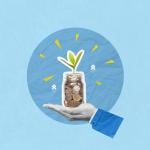 A custom collage illustration of a hand holding a jar of coins growing a plant against a blue background.
