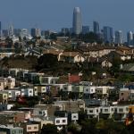 An aerial view of homes in a neighborhood in San Fransisco, California.