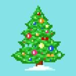 Pixel art of a Christmas tree with a blue background.
