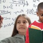 A collage of a young girl solving math problems using a marker and a young boy reading a math book.