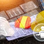 Construction site gear and printed plans illustrated with AI software graphics.