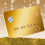 A gold credit card is seen in a pile of gold dust with bokeh circles in the background in a 3D illustration.