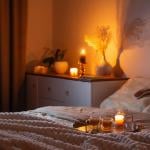 Cups of tea on a tray on a bed at night.