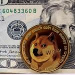 Crypto Dogecoin in front of a $20 US banknote.