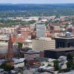 Cityscape view of downtown Paterson, New Jersey, from Garret Mountain Reservation.