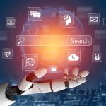 Concept of AI and SEO, keyword search graphics over a hand of a robot.