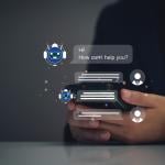 AI chatbot graphics over a person using a smartphone.