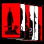 An illustration of a stack of dating app profiles in red, white and black colors.