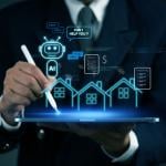 AI chatbot for property management graphics over a person using a tablet.