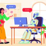 A vector illustration showing a female professional talking to an AI robot in an office.
