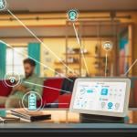 A unified home intelligence system device illustrated with apps and connectivity graphics with the homeowner in a living room as the background.