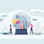A vector illustration showing a crystal ball of data modeling with tiny figures of business people around it as a concept of predictive analytics.