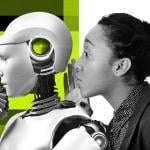 Concept of AI-powered tutoring illustrated with a person dressed professionally that looks like a teacher whispering from behind toward a robot's head.