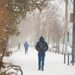 People walking through sidewalks during a heavy snowfall day.