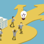 An illustration of a graduation concept, with a five students outside a school with a lightbulb and three arrows pointing in different paths. 