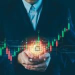 A businessman holding a phone illustrated with AI and stock chart graphics.