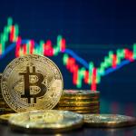 Bitcoin with a background of stock and finance chart graphics.