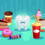 Vector illustration of a sad tooth surrounded with common sweet and sugar-based food.