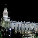 A view outside of the St. George Temple at night.