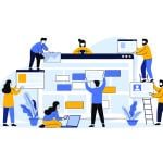 Vector illustration of a business team working together to build an accessible web design project.