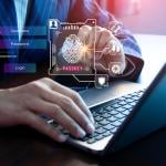 Person using a laptop illustrated with graphics of digital user login interface.