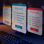 Three options, Basic, Standard, and Premium, float above a keyboard in a subscription plan options concept.