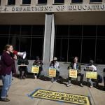 : Protestors participating in a 'study-in' in front of the US Department of Education building on March 21, 2025 in Washington, D.C.