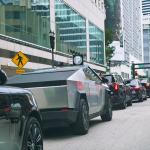 A Tesla Cybertruck stuck in a traffic in downtown Miami.