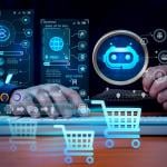 Person shopping online using a computer illustrated with AI shopping and technology graphics.
