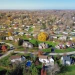 An aerial view of suburban residential homes in Rochester, New York.