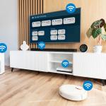 Smart devices in a living room labelled with wifi icons.