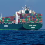 Container ship passing through the Santa Barbara Channel with cargo en route to China from the Port of Los Angeles.