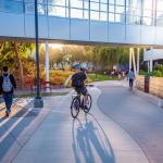 People walking and cycling around the Google headquarters.