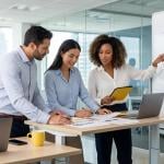 Sales team collaborating in a modern open-plan office in a sales team meeting.