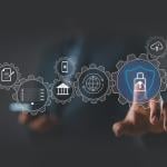 Businessperson navigating an illustration of cybersecurity management software graphics.