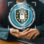 Concept of GDPR and data privacy represented by a digital lock and shield.