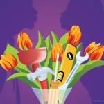 A custom digital art of a vase with flowers and a mix of home maintenance tools, with a purple background of a couple's shadow.